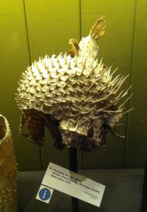 A porcupine fish skin helmet from Kiribati (Gilbert Islands).