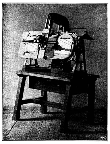Pulfrich's stereo-comparator, 1904: the two photographs are placed on the plates, and viewed through the binoculars to reveal the 3D image in the mind of the viewer. The apparatus allows the viewer to measure dimensions across (X axis) and up-and-down (Y axis), but also height (Z axis).